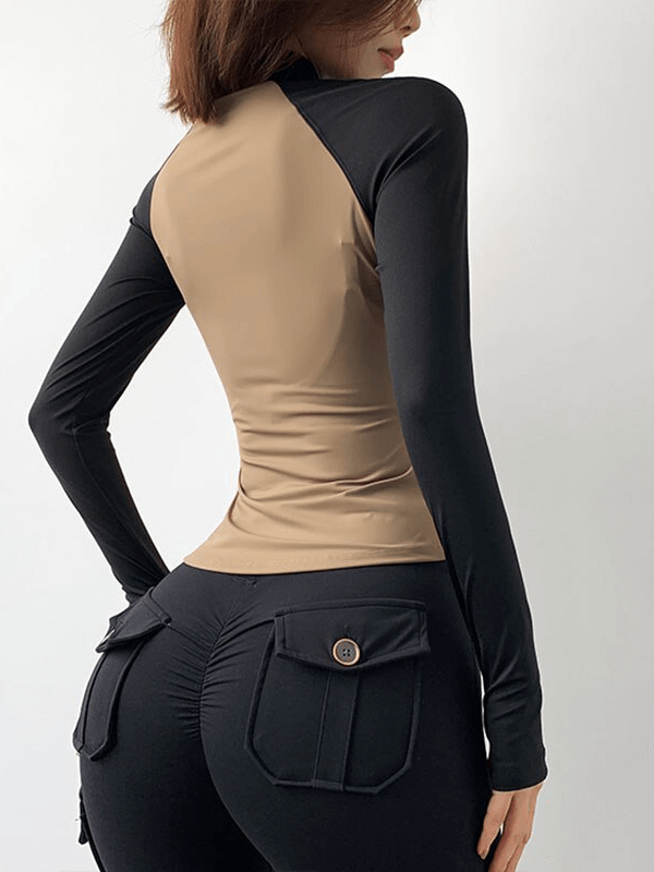 Two color tone slim sport jacket, long sleeves, zip-up fitness wear, broadcloth fabric, perfect for female yogis.